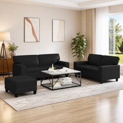 3 Piece Sofa Set Black Faux Leather Lounge Suite with Footstool Living Room