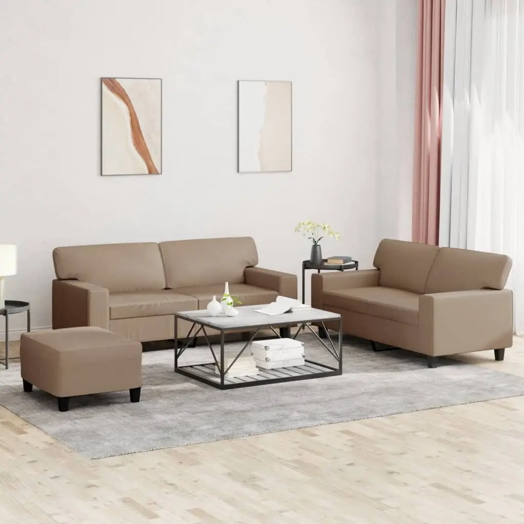3 Piece Sofa Set Faux Leather Brown Living Room Furniture with Footstool Ottoman