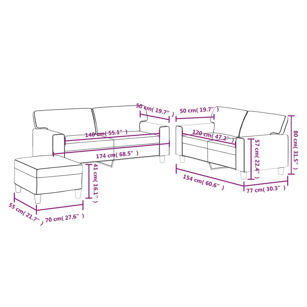3 Piece Sofa Set Faux Leather Brown Living Room Furniture with Footstool Ottoman