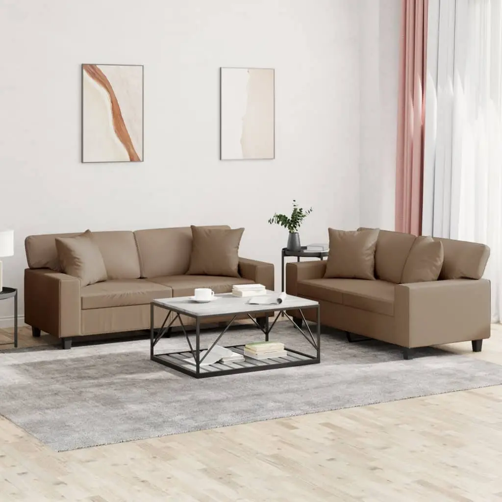 2 Piece Sofa Set Faux Leather Brown with Throw Pillows