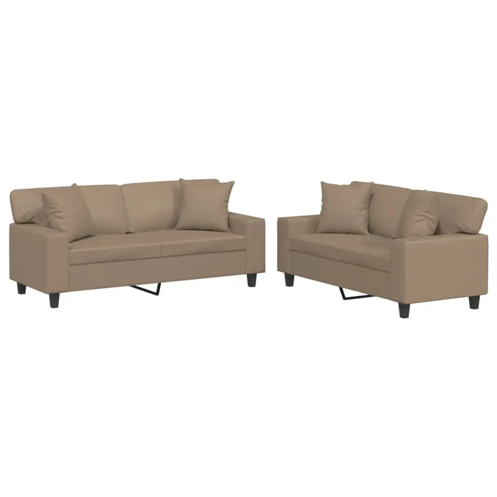 2 Piece Sofa Set Faux Leather Brown with Throw Pillows