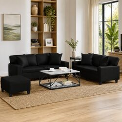 3 Piece Sofa Set with Throw Pillows and Footstool Black Faux Leather Living Room