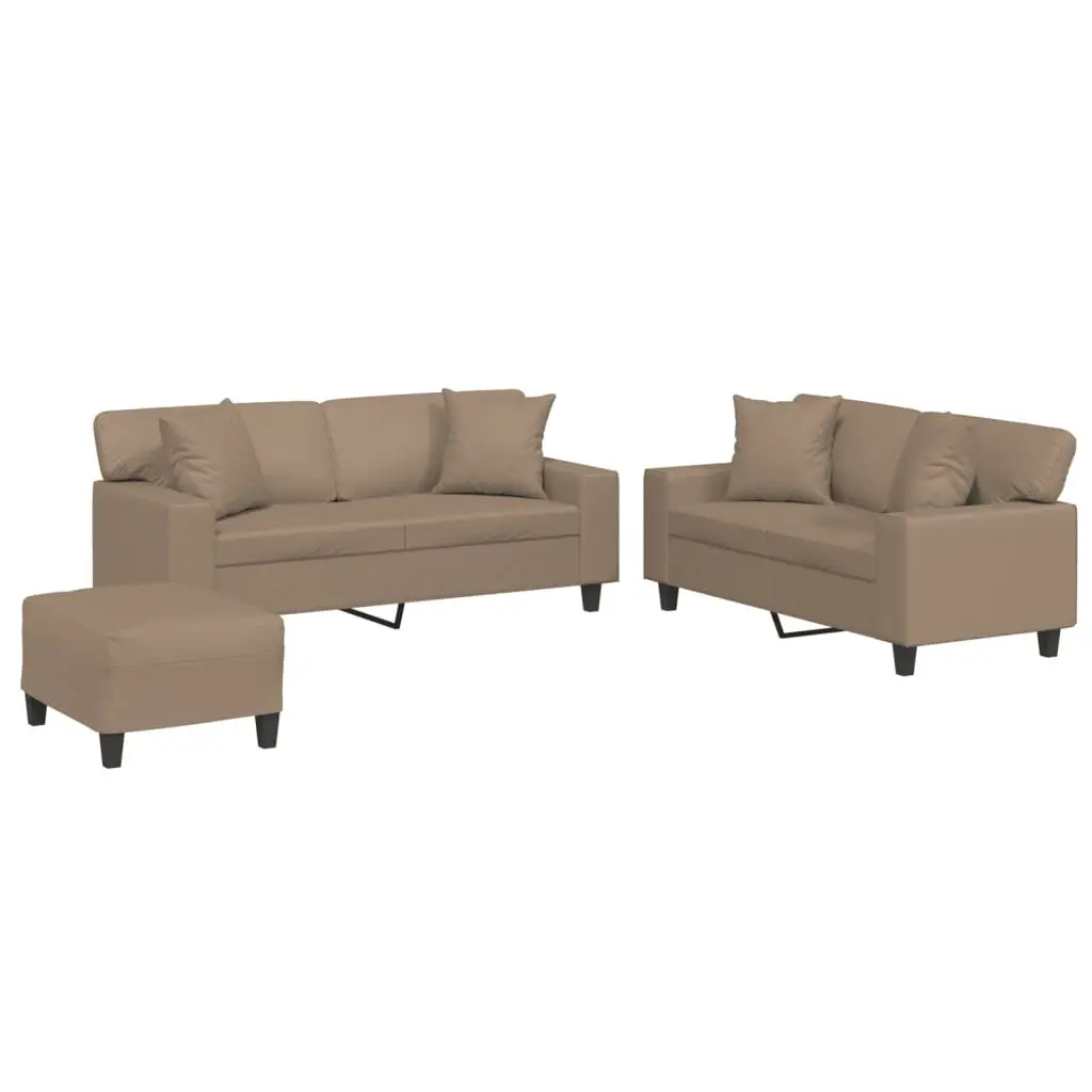3 Piece Sofa Set Brown Faux Leather Lounge Suite with Pillows Footstool Living