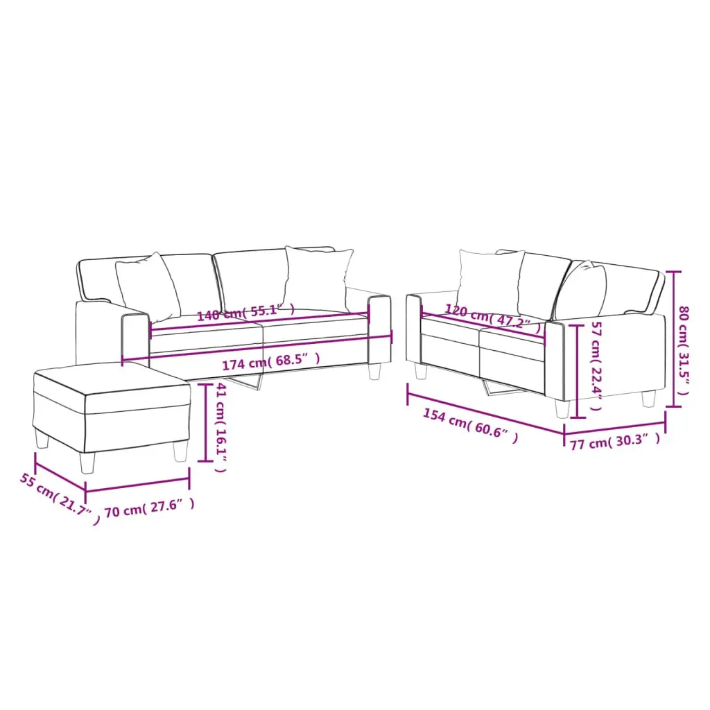 3 Piece Sofa Set Brown Faux Leather Lounge Suite with Pillows Footstool Living