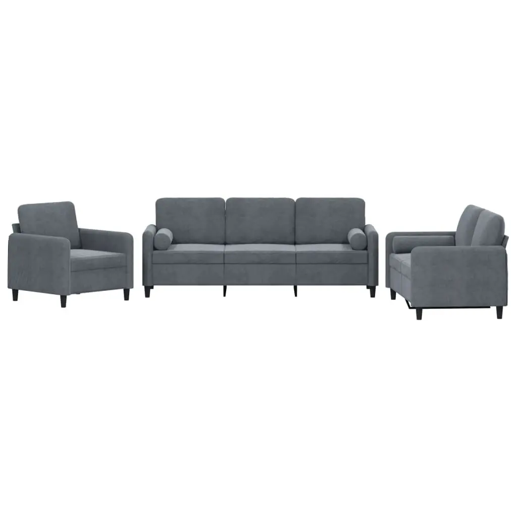 3 Piece Sofa Set Grey Velvet Sectional Lounge Suite with Pillows Living Room