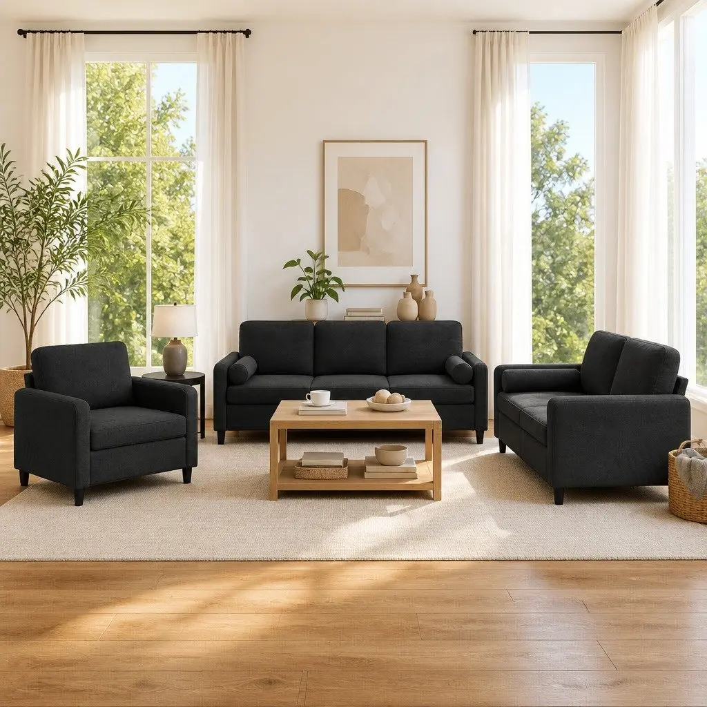 3 Piece Sofa Set Black Velvet Couch Living Room Furniture with Pillows Armrests