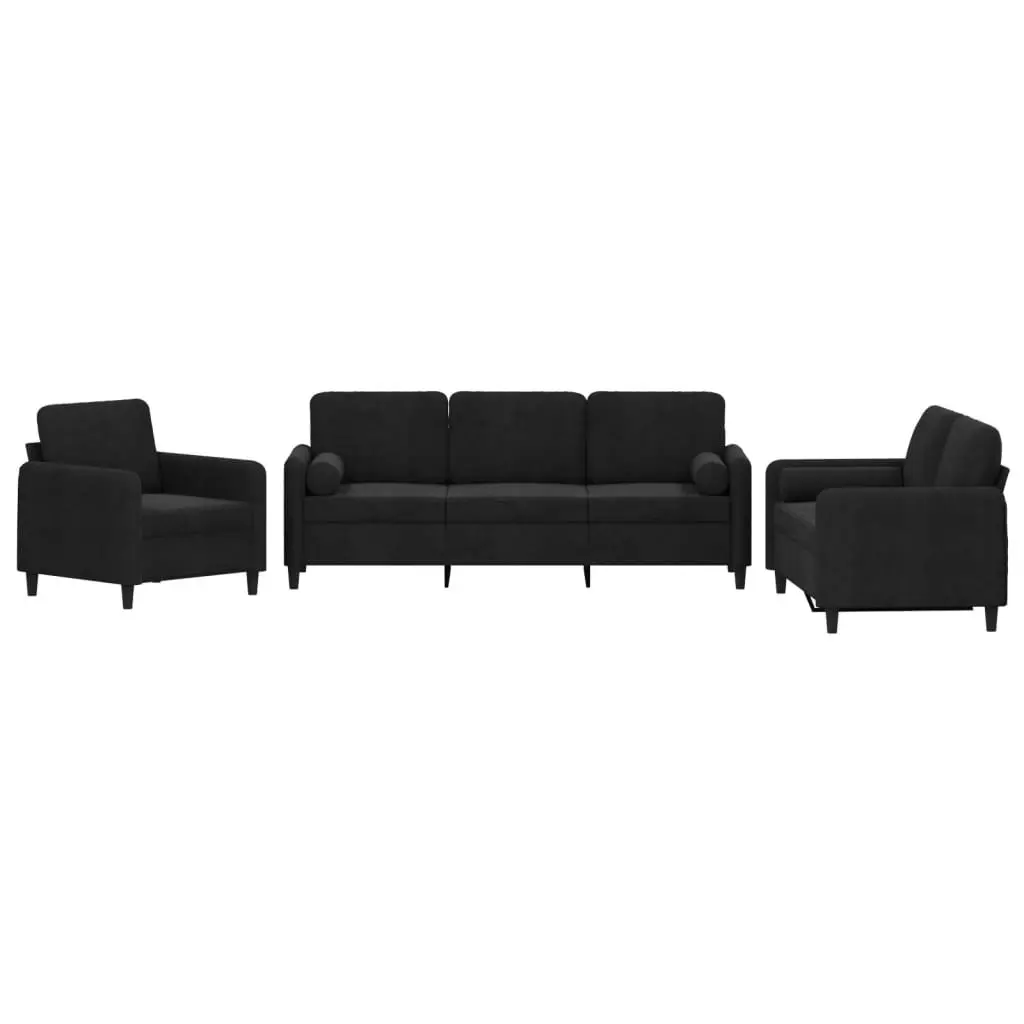 3 Piece Sofa Set Black Velvet Couch Living Room Furniture with Pillows Armrests