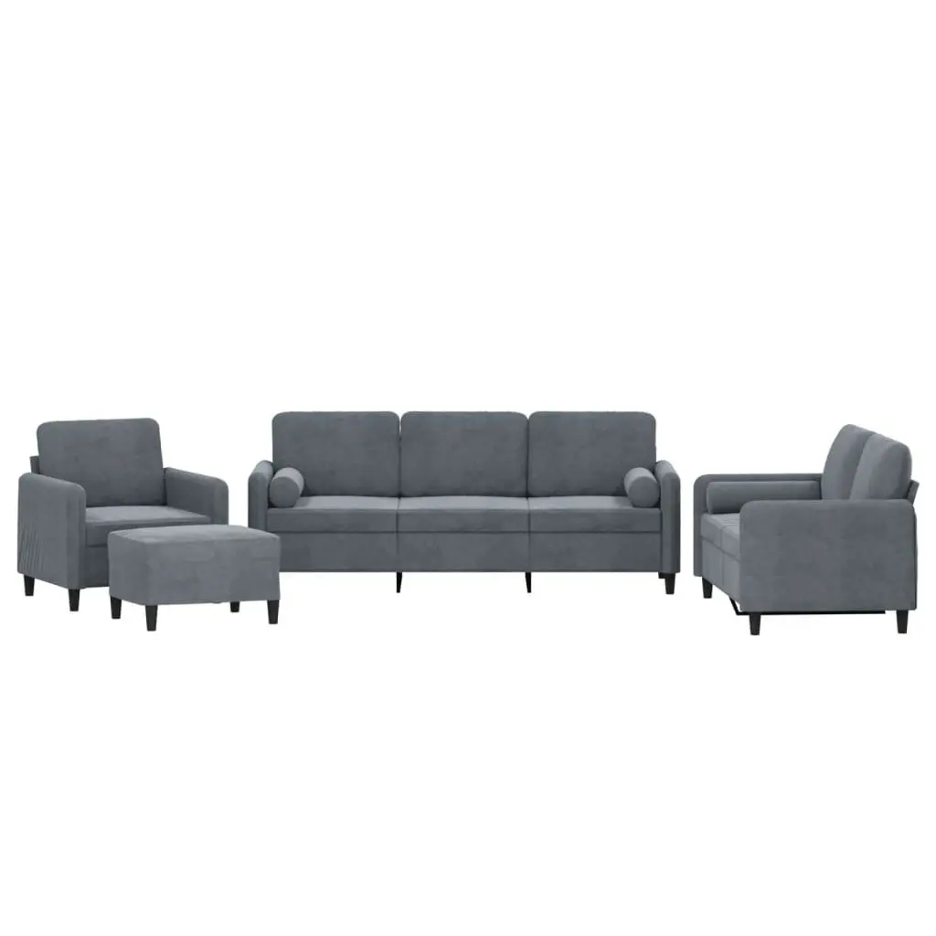 4 Piece Sofa Set Grey Velvet with Pillows Footstool Living Room Furniture