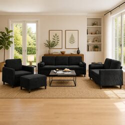 4 Piece Sofa Set Black Velvet with Pillows Footstool Living Room Furniture