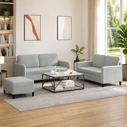 3 Piece Sofa Set Grey Velvet Lounge Suite with Footstool Living Room Furniture