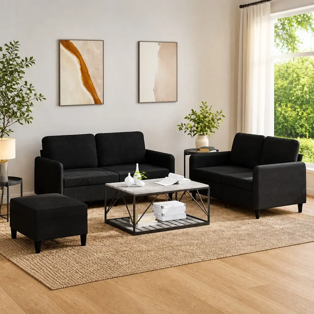 3 Piece Sofa Set Soft Velvet Black Living Room Furniture Couch Footstool