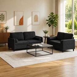 2 Piece Sofa Set Black Velvet Furniture Living Room Couch with Roll Pillows