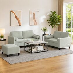 3 Piece Sofa Set Grey Velvet Couch with Pillows and Footstool Living Room