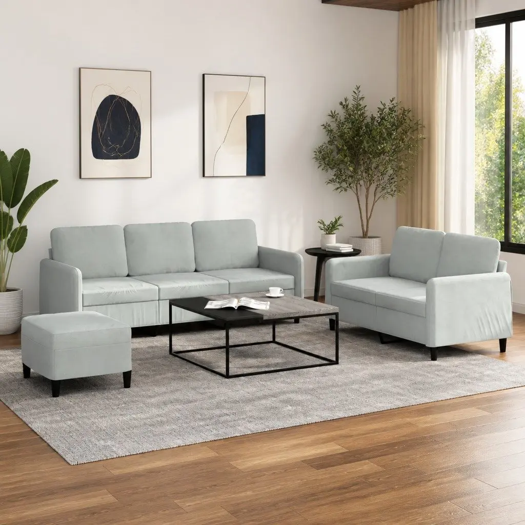3 Piece Sofa Set Grey Velvet Living Room Furniture Couch with Footstool