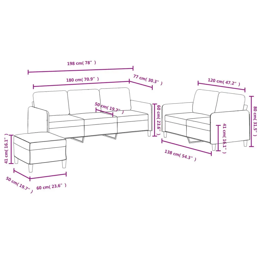 3 Piece Sofa Set Grey Velvet Living Room Furniture Couch with Footstool