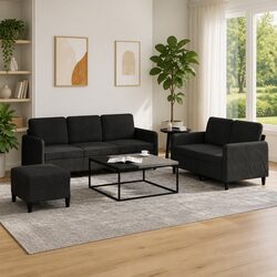 3 Piece Sofa Set Black Velvet Lounge Suite with Footstool Living Room Furniture