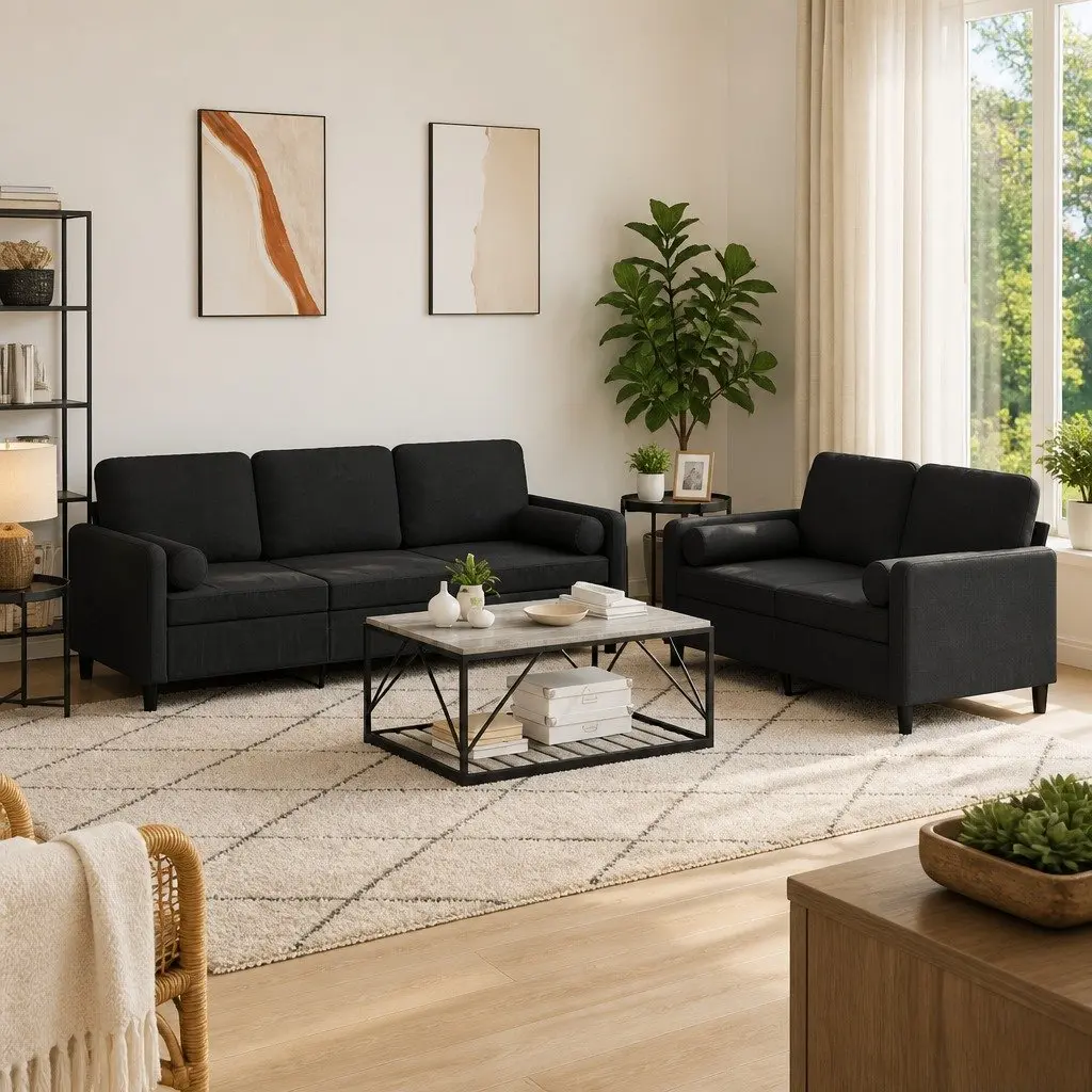 Sofa Set Soft Velvet Upholstery 2 Piece Black Lounge Suite