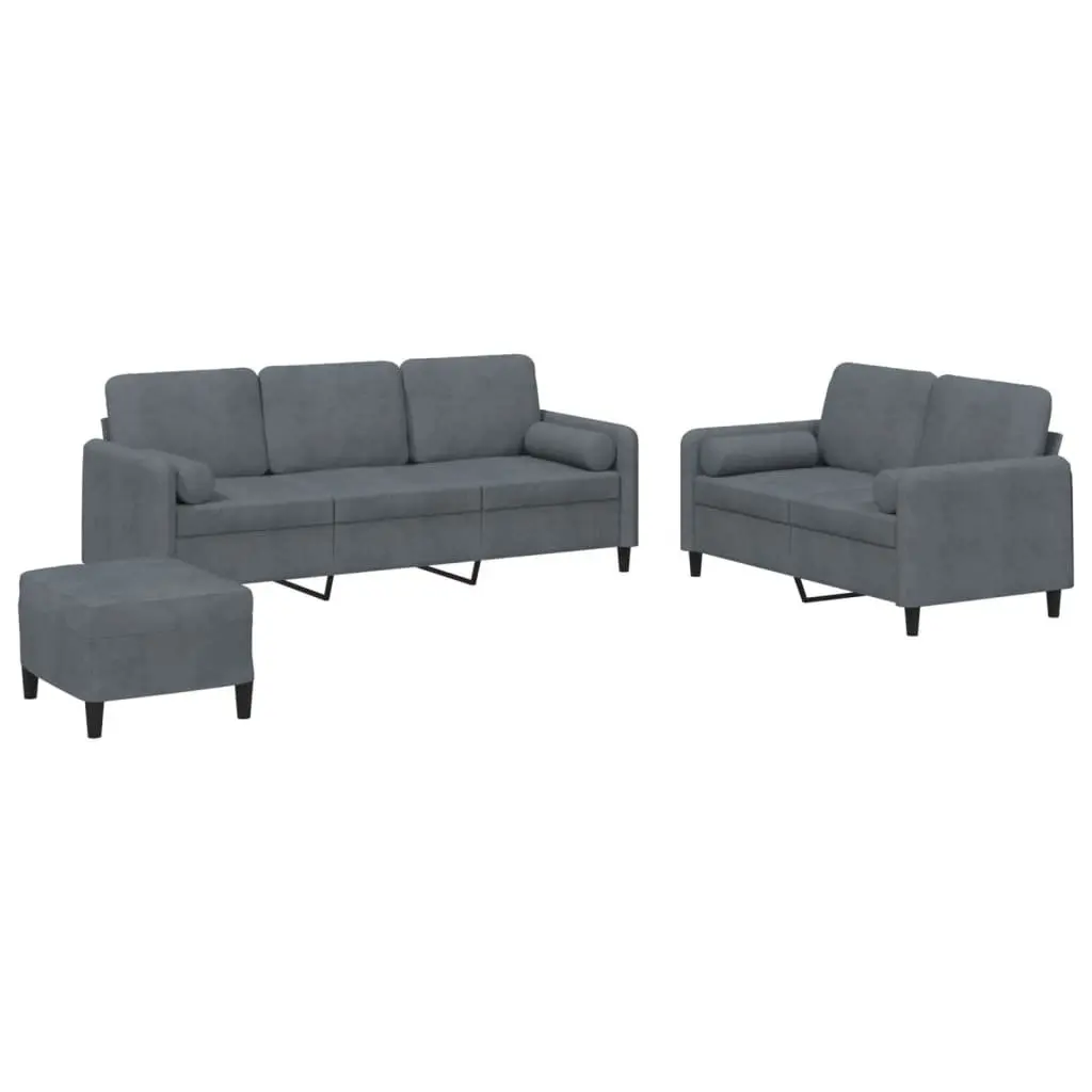 3 Piece Sofa Set Grey Velvet Couch with Pillows Footstool
