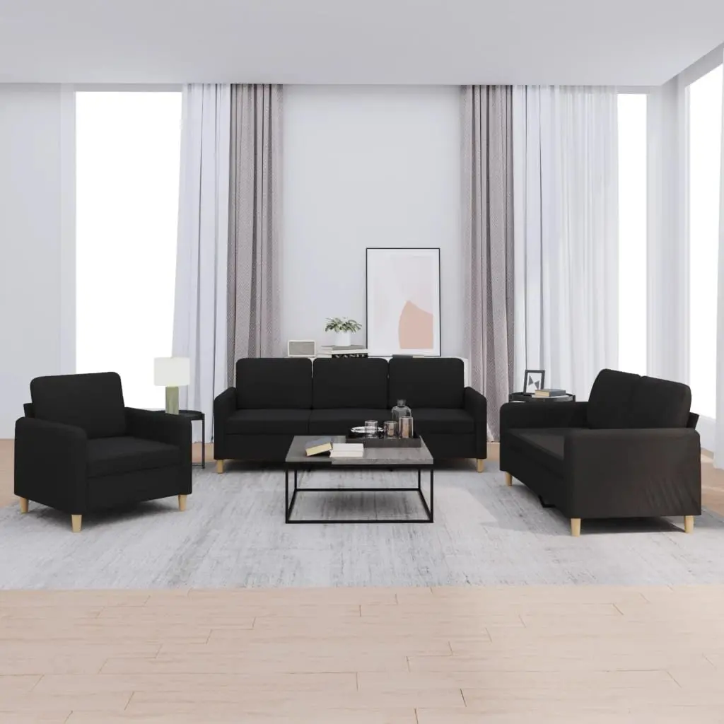 3 Piece Sofa Set Fabric Black Lounge Suite with Cushions