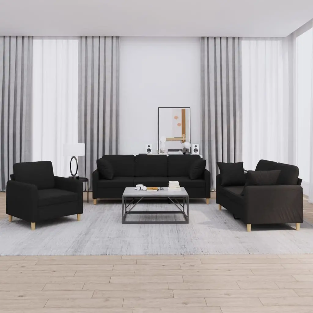 3 Piece Sofa Set Black Fabric Living Room Couch with Throw Pillows Armrests