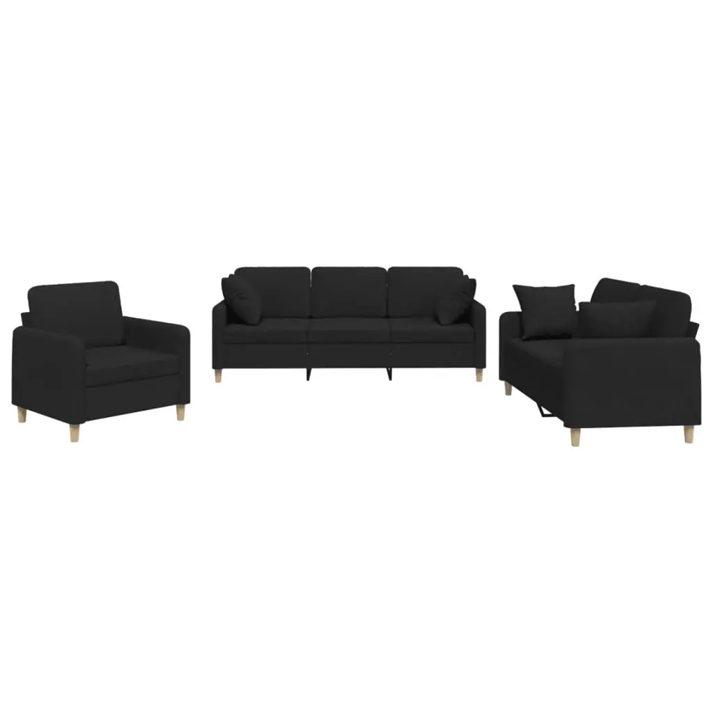 3 Piece Sofa Set Black Fabric Living Room Couch with Throw Pillows Armrests