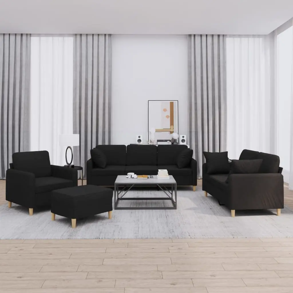 4 Piece Sofa Set Black Fabric Couch with Throw Pillows Footstool Living Room