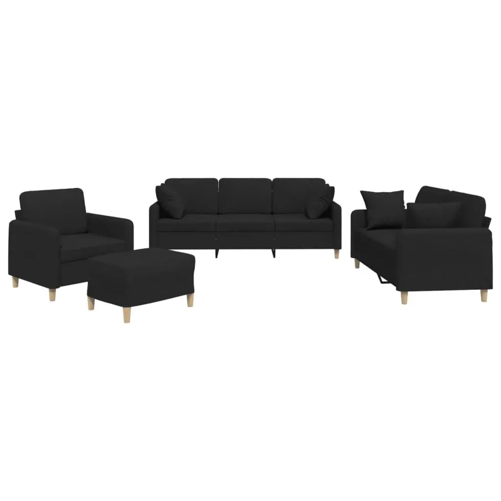 4 Piece Sofa Set Black Fabric Couch with Throw Pillows Footstool Living Room