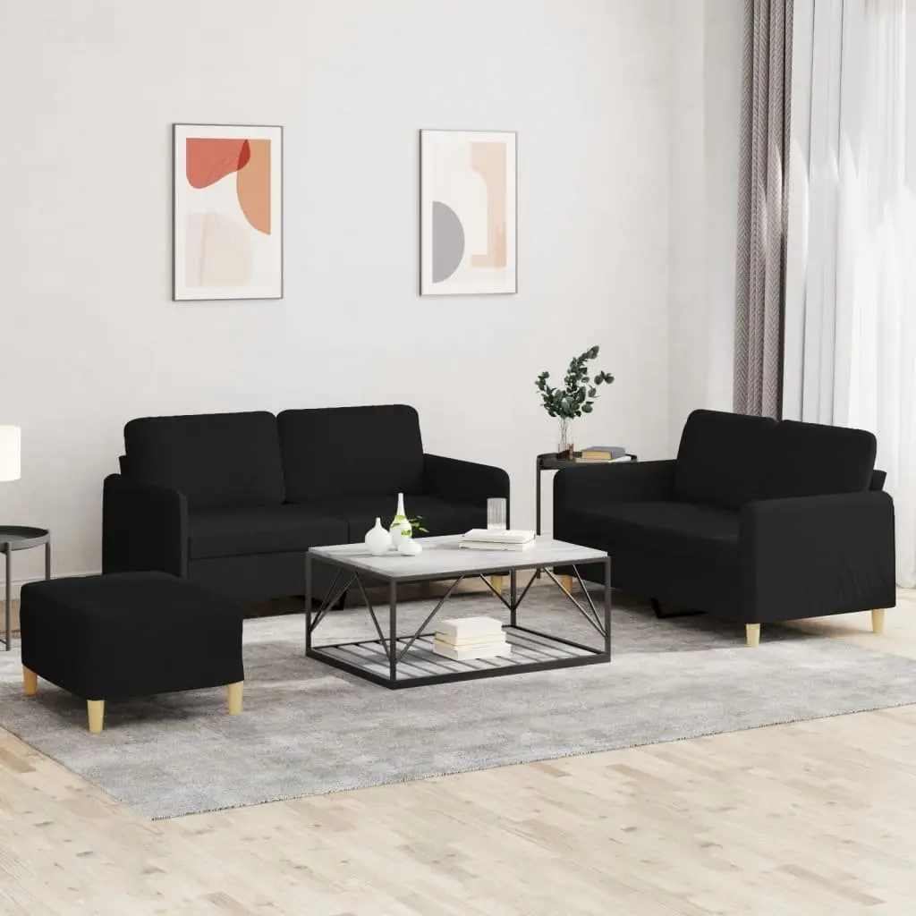 3 Piece Sofa Set with Cushions Black Fabric Living Room Sectional Lounge Suite