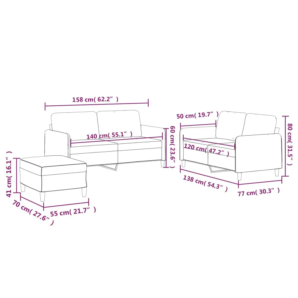 3 Piece Sofa Set with Cushions Black Fabric Living Room Sectional Lounge Suite