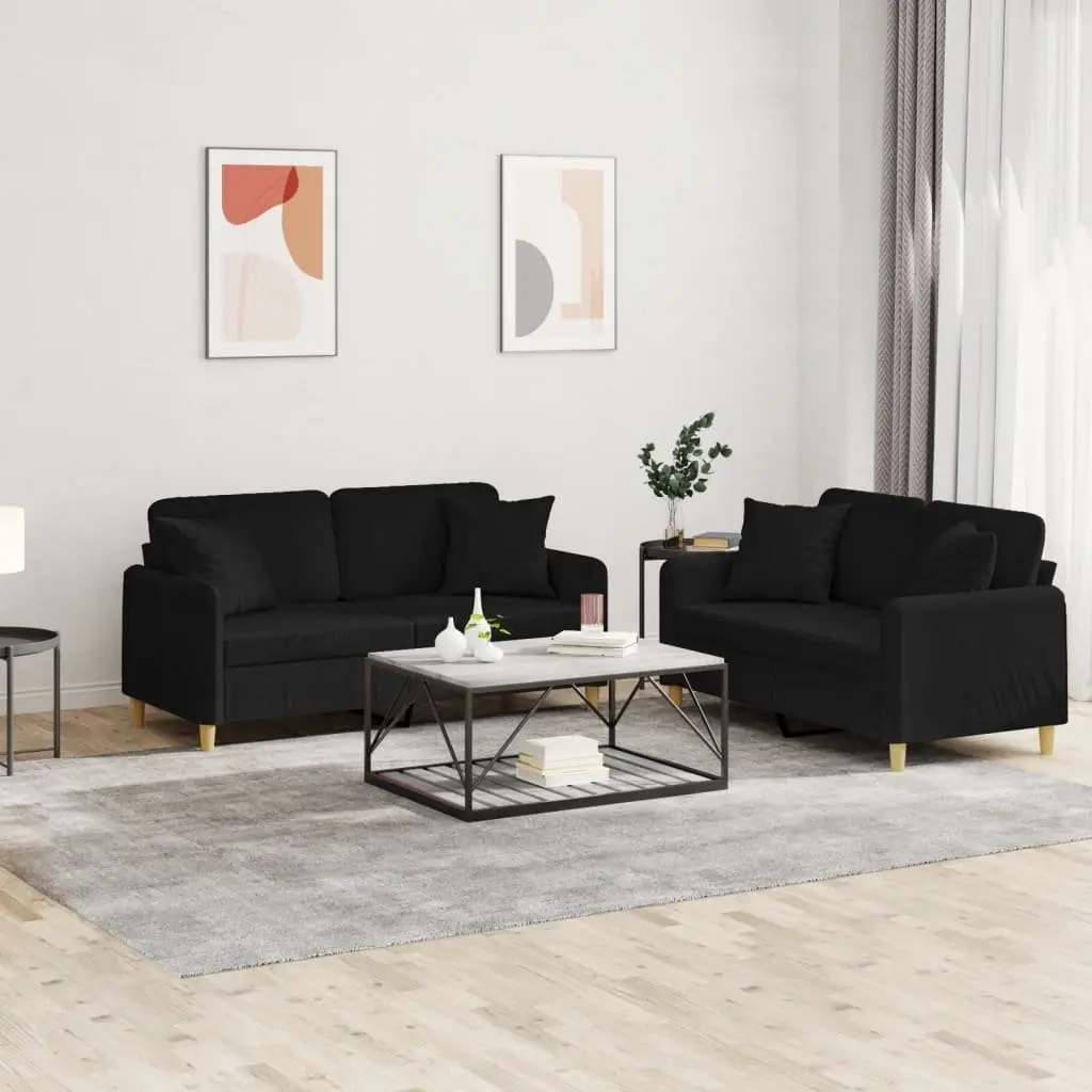 2 Piece Sofa Set with Pillows Black Fabric Couch Living Room Seating Suite