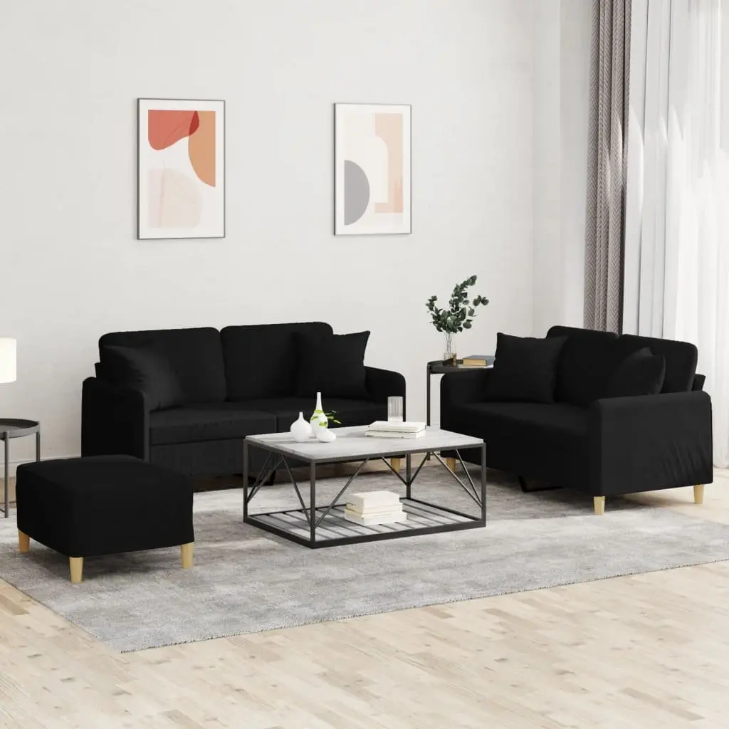 3 Piece Sofa Set with Throw Pillows Footstool Black Fabric Living Room Couch