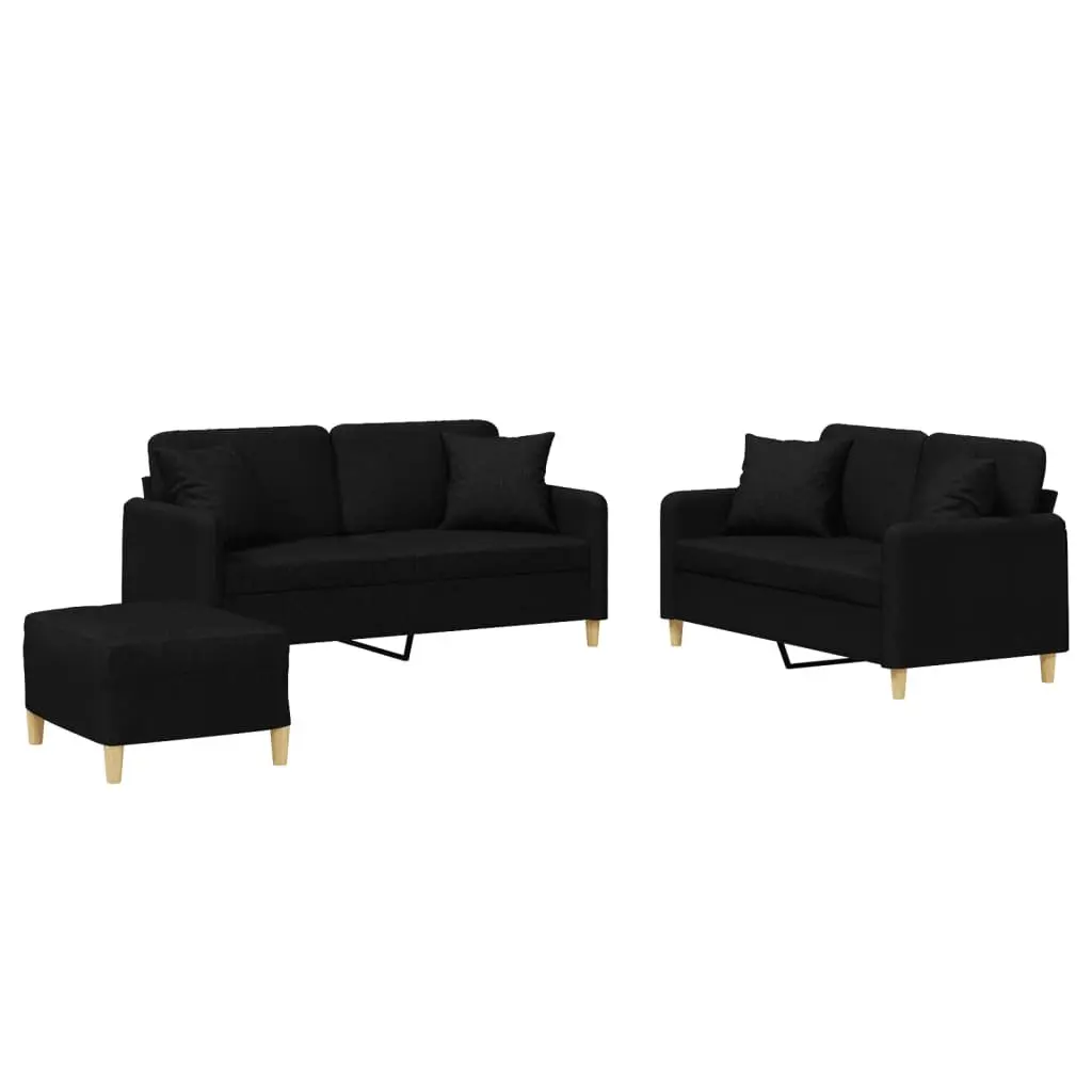 3 Piece Sofa Set with Throw Pillows Footstool Black Fabric Living Room Couch