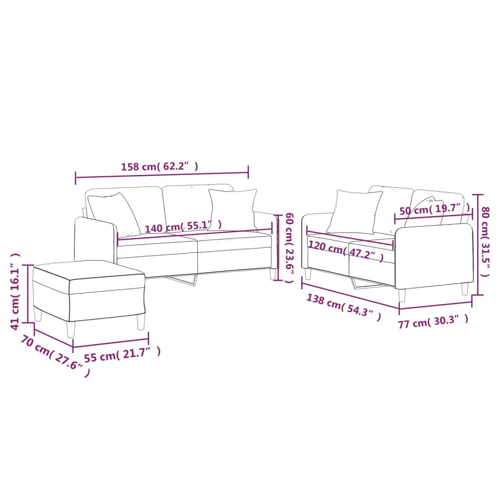 3 Piece Sofa Set with Throw Pillows Footstool Black Fabric Living Room Couch