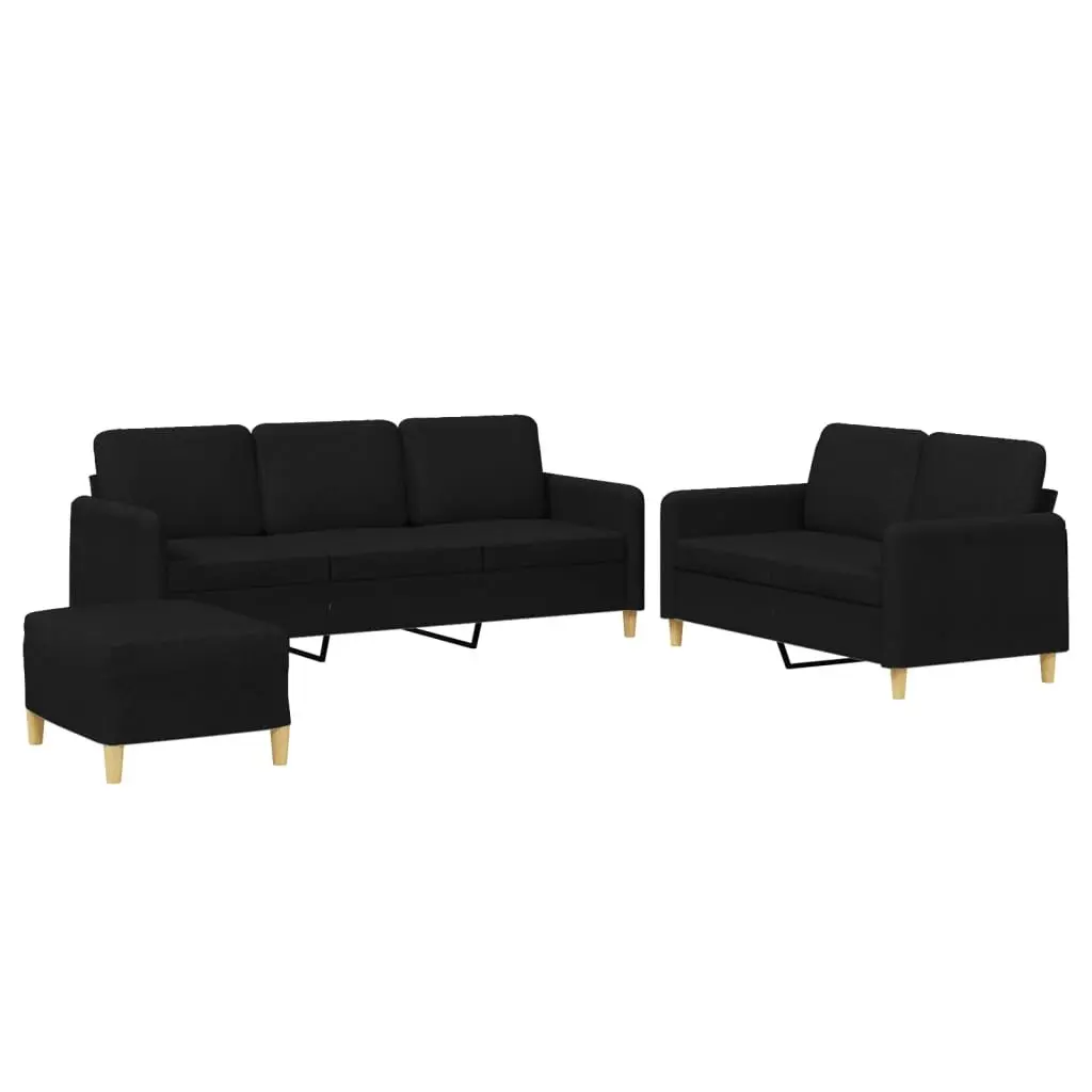3 Piece Sofa Set with Cushions Black Fabric Lounge Couch Footstool Living Room