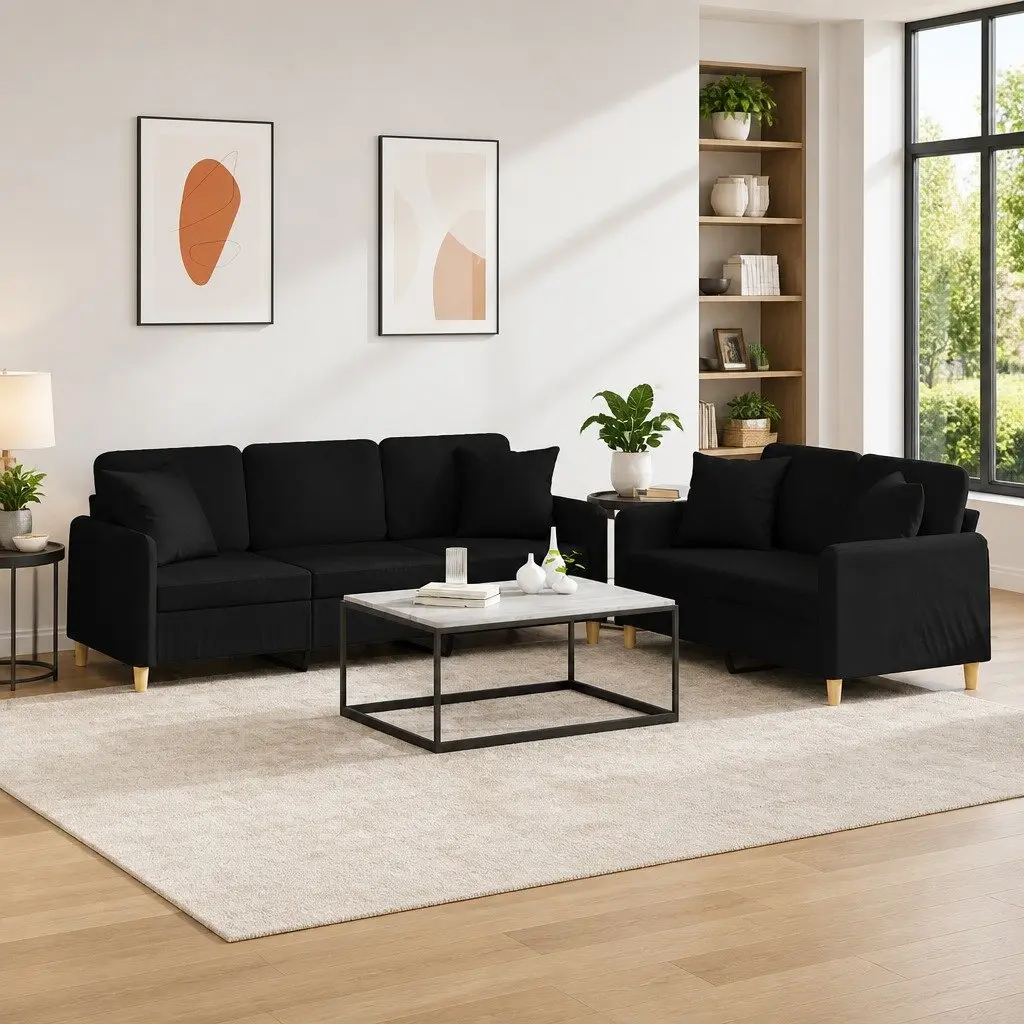 2 Piece Sofa Set Black Fabric Couch Durable Upholstery Living Room Furniture