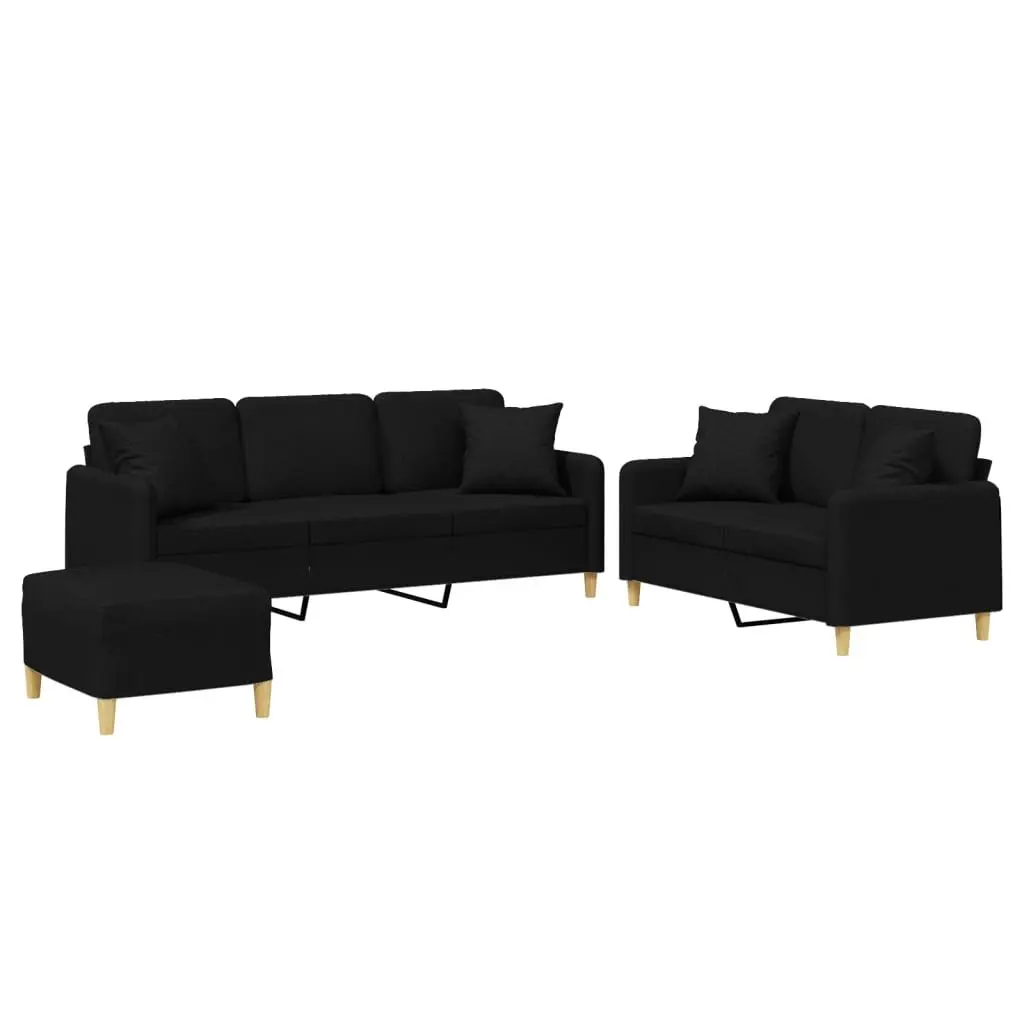 3 Piece Sofa Set Black Fabric Couch with Throw Pillows Footstool Living Room