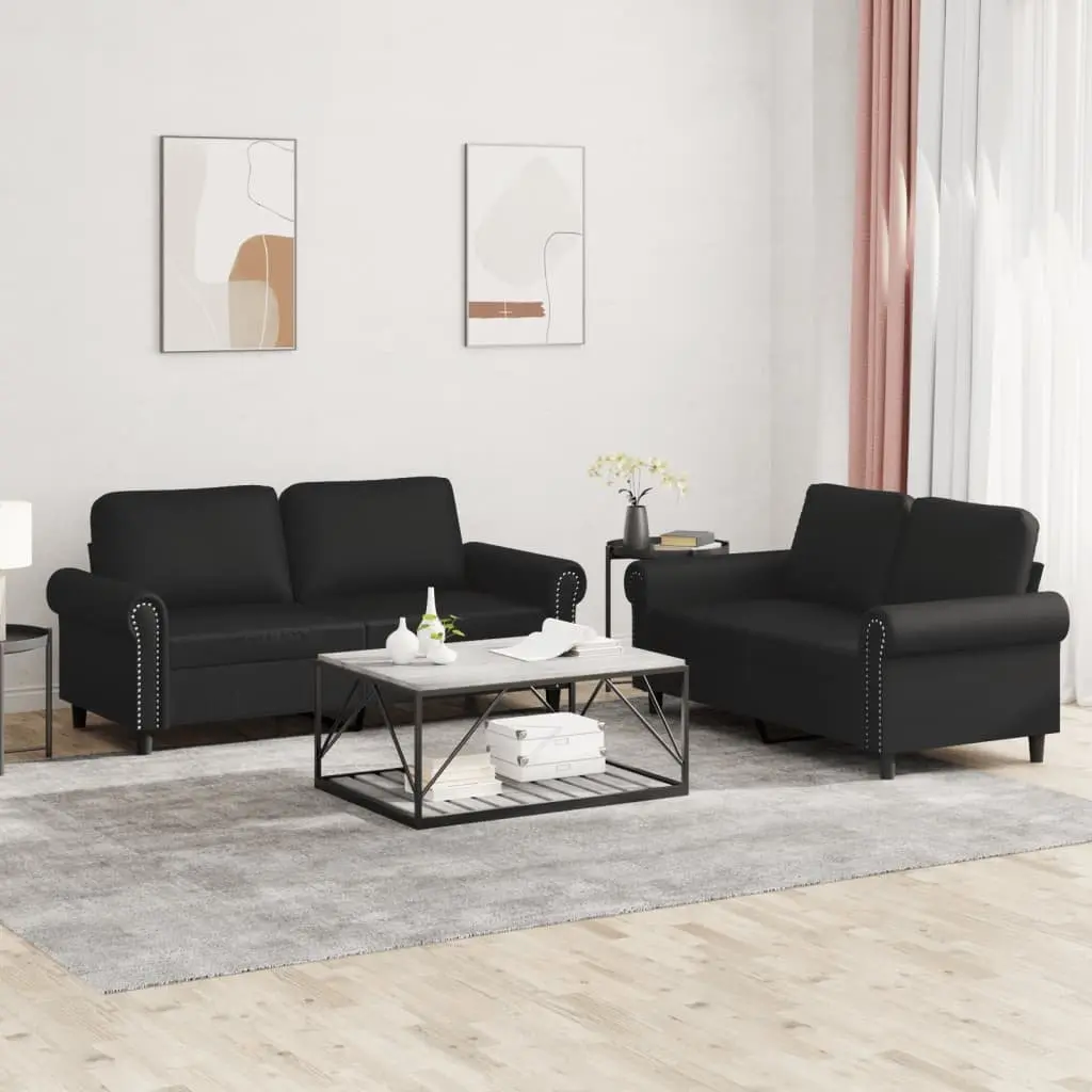 2 Piece Sofa Set Black Faux Leather Living Room Furniture Comfortable Cushioned