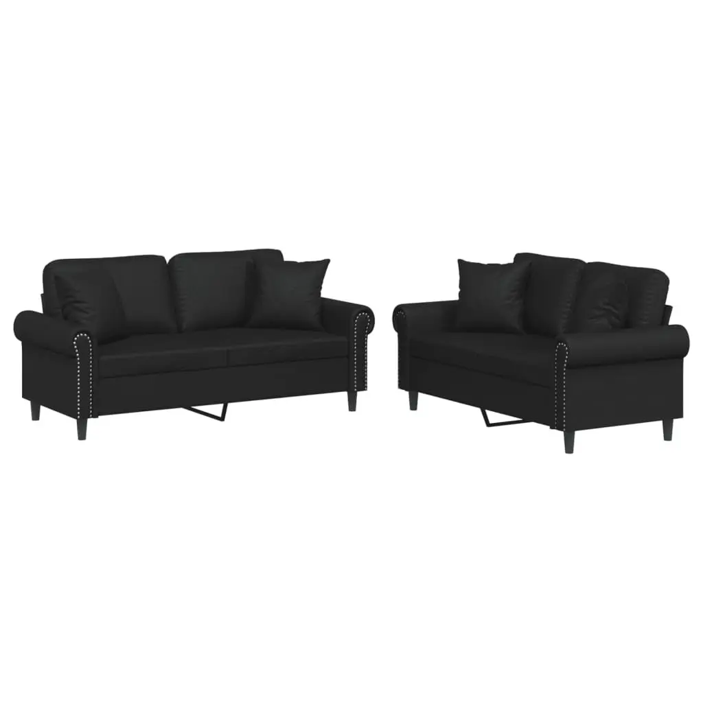 2 Piece Sofa Set Black Faux Leather Couch Living Room Furniture with Throw