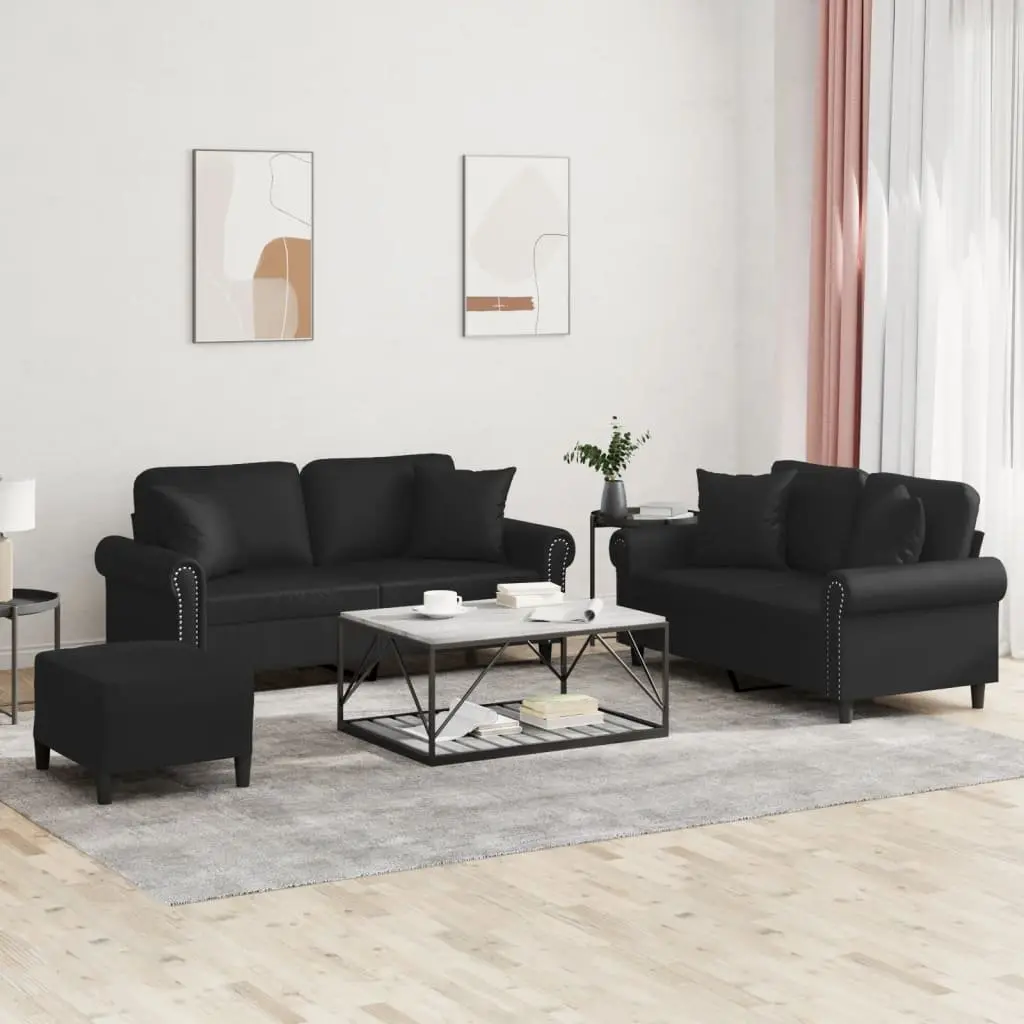 3 Piece Sofa Set with Throw Pillows Footstool Black Faux Leather Living Room