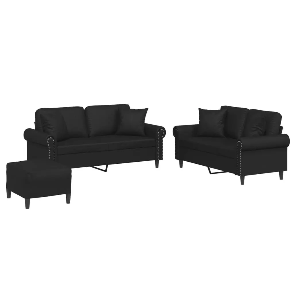 3 Piece Sofa Set with Throw Pillows Footstool Black Faux Leather Living Room