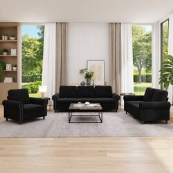 3 Piece Sofa Set Black Velvet Cushions Living Room Lounge Seating Suite