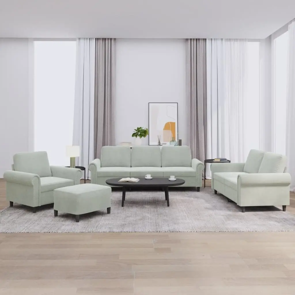 4 Piece Sofa Set Grey Velvet Living Room Furniture with Cushions and Footstool