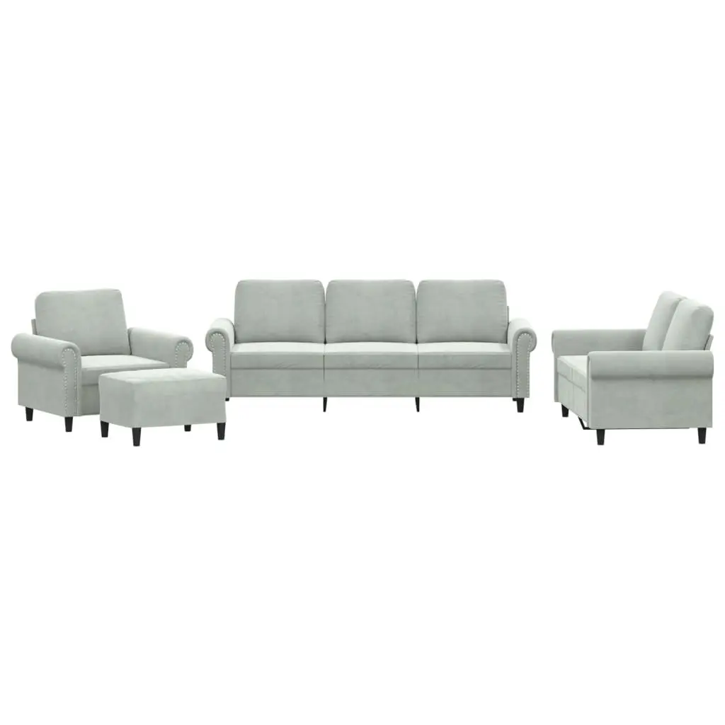 4 Piece Sofa Set Grey Velvet Living Room Furniture with Cushions and Footstool