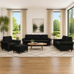 4 Piece Sofa Set with Cushions Footstool Black Velvet Living Room Sectional