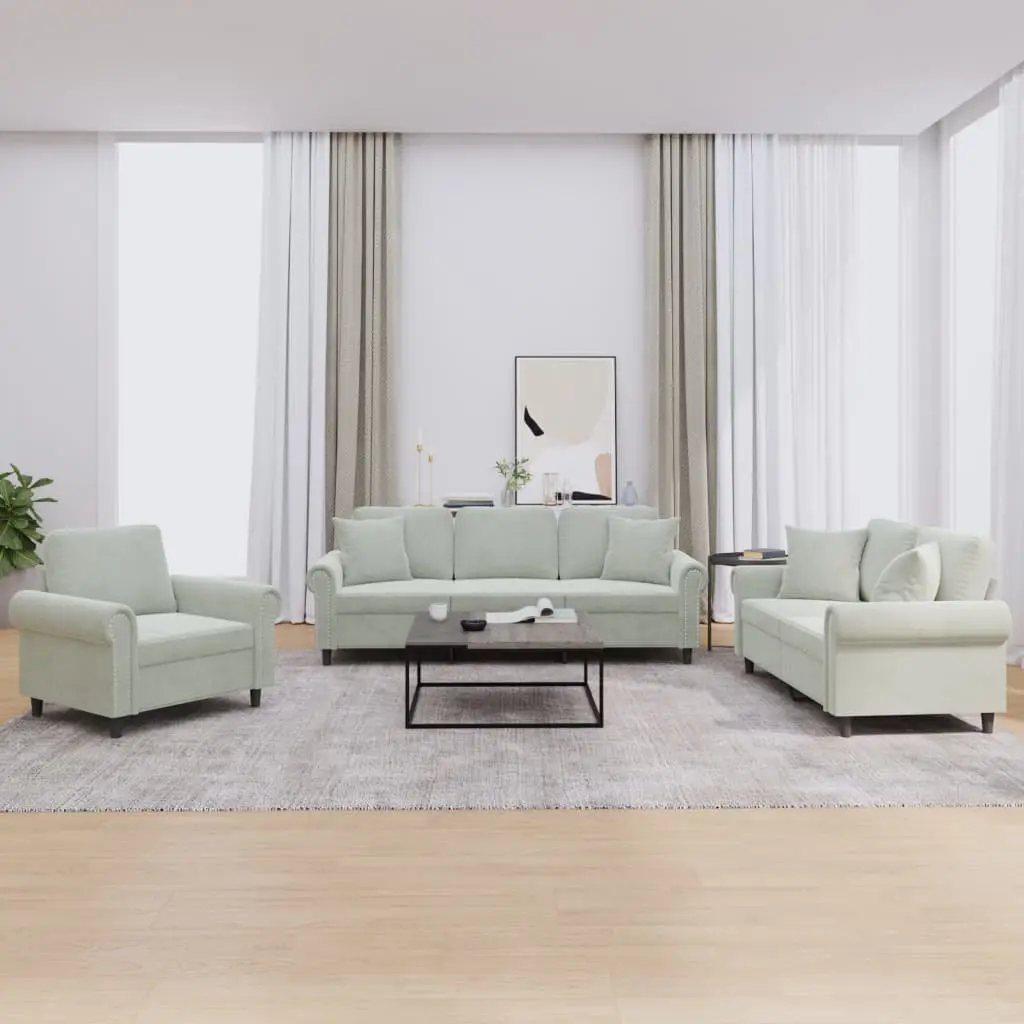 3 Piece Sofa Set Grey Velvet Couch with Throw Pillows Living Room Furniture