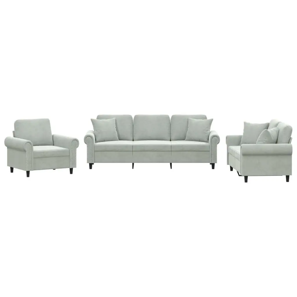 3 Piece Sofa Set Grey Velvet Couch with Throw Pillows Living Room Furniture