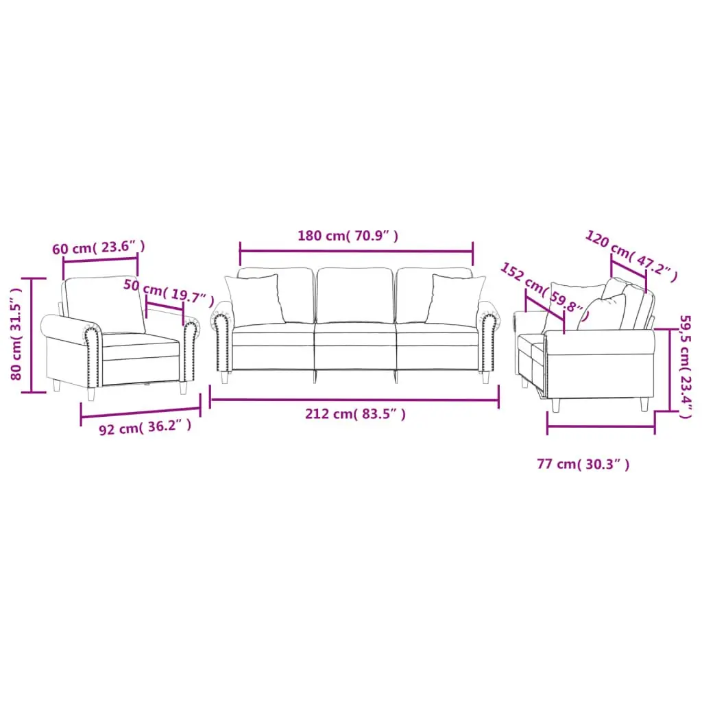 3 Piece Sofa Set Grey Velvet Couch with Throw Pillows Living Room Furniture