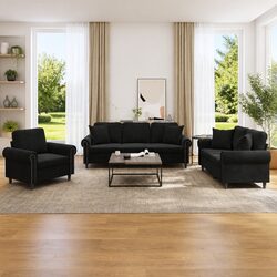 3 Piece Sofa Set Black Velvet Couch with Throw Pillows Seating Furniture Suite