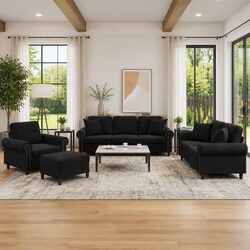 4 Piece Sofa Set with Throw Pillows Footstool Black Velvet Living Room Couch