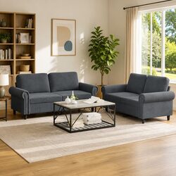 2 Piece Sofa Set Grey Velvet Cushions Comfortable Living Room Seating Furniture